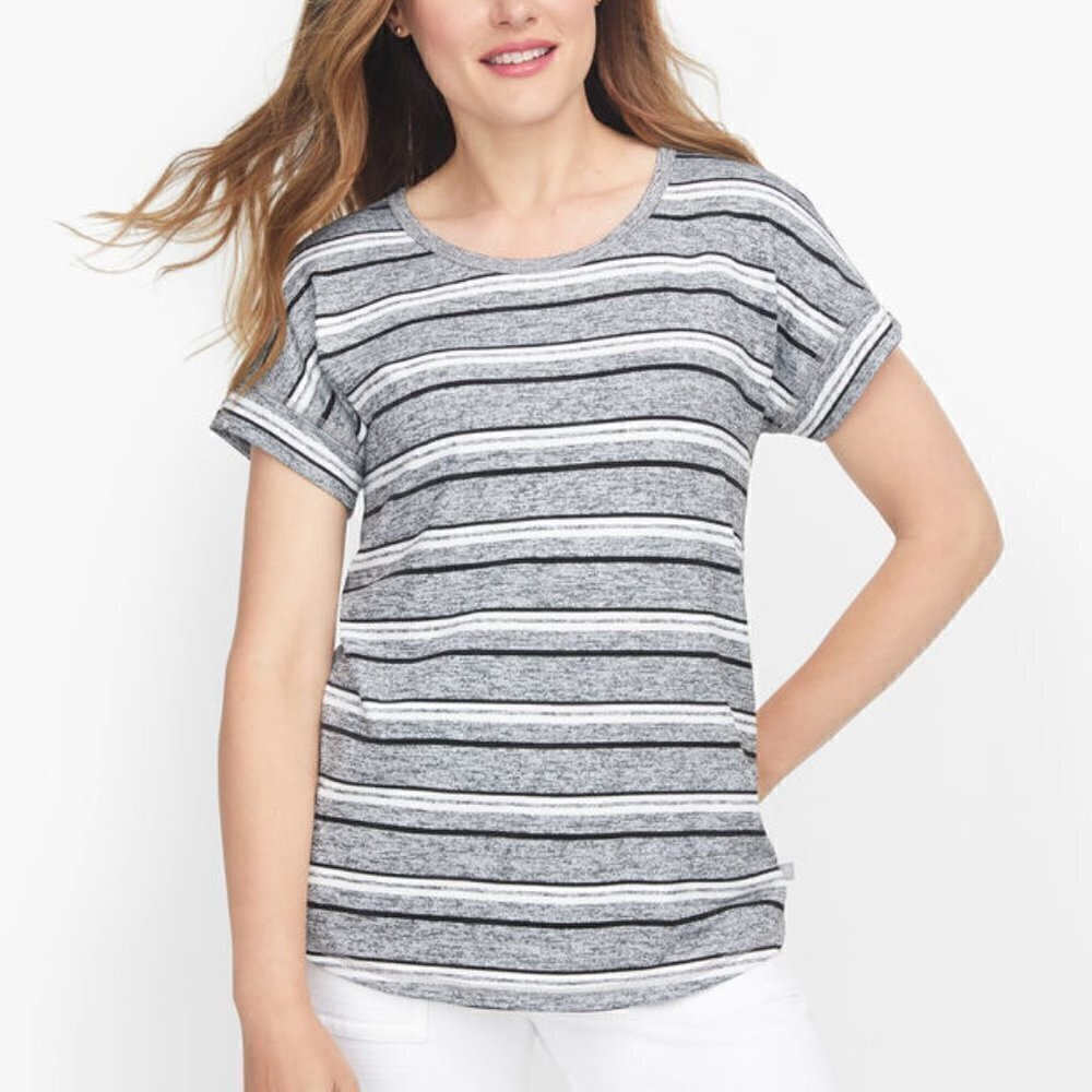 T By Talbots Women's Size XS Pleated Back Pullover Grey Multi Stripes Scoop Neck